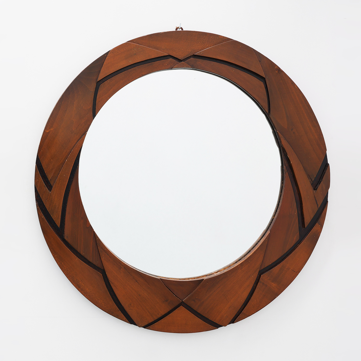 Belgian Art Deco Round Mirror with Geometric Wooden Frame, circa 1920-img